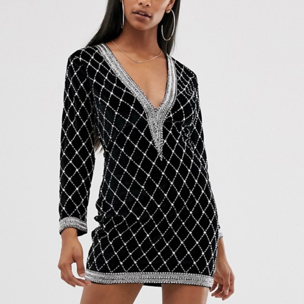 ASOS black velvet beaded rhinestone mini dress